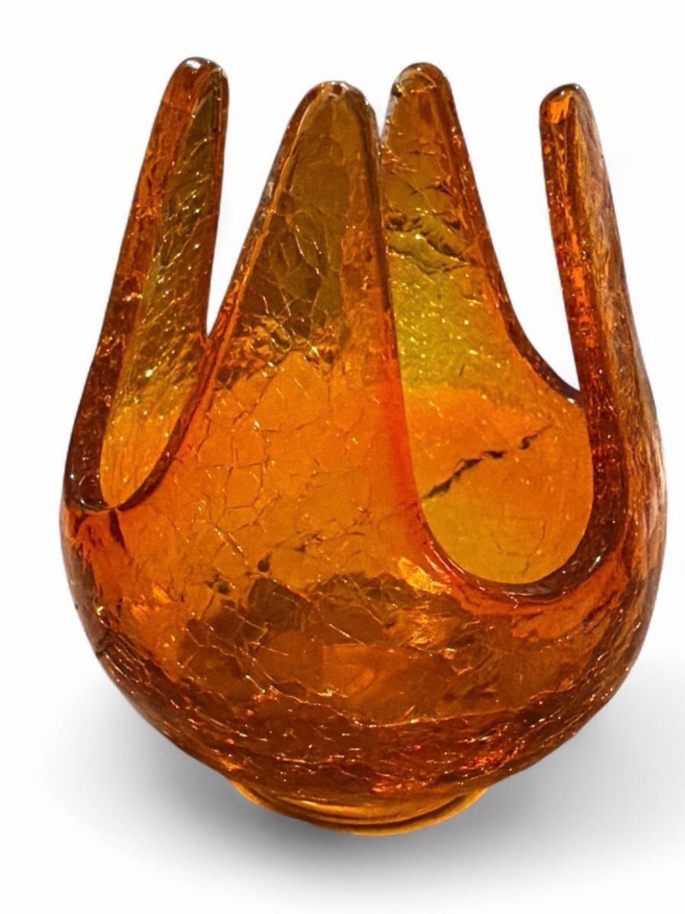 Vintage Viking Glass Epic Amber Orange Crackle  5" Patio Lite Candle Holder MCM